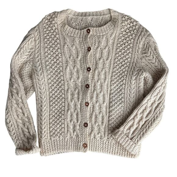 Men’s Vintage Wool Fisherman Sweater Wooden Buttons Cable Knit L–XL - Picture 1 of 3